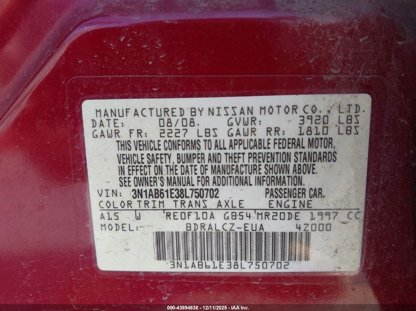 2008 Nissan Sentra 2.0 VIN: 3N1AB61E38L750702 Lot: 43894838