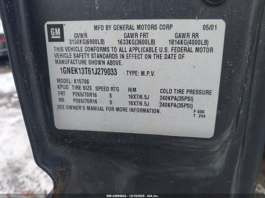 2001 Chevrolet Tahoe Ls VIN: 1GNEK13T61J279033 Lot: 43894842