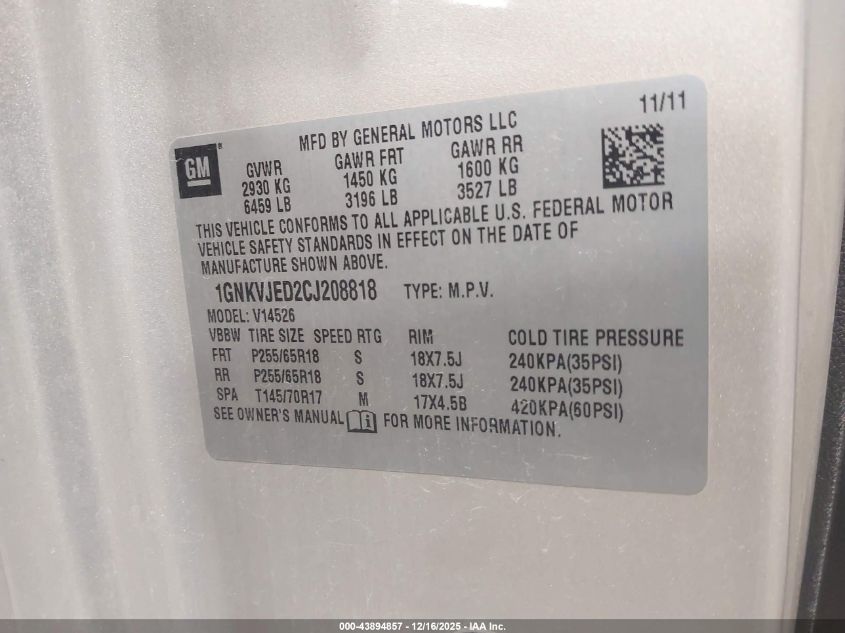 2012 Chevrolet Traverse 2Lt VIN: 1GNKVJED2CJ208818 Lot: 43894857