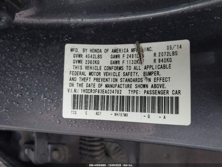 2014 Honda Accord Ex-L V-6 VIN: 1HGCR3F83EA034762 Lot: 43894868