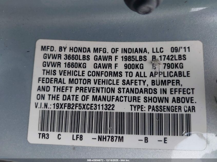 2012 Honda Civic Lx VIN: 19XFB2F5XCE311322 Lot: 43894872