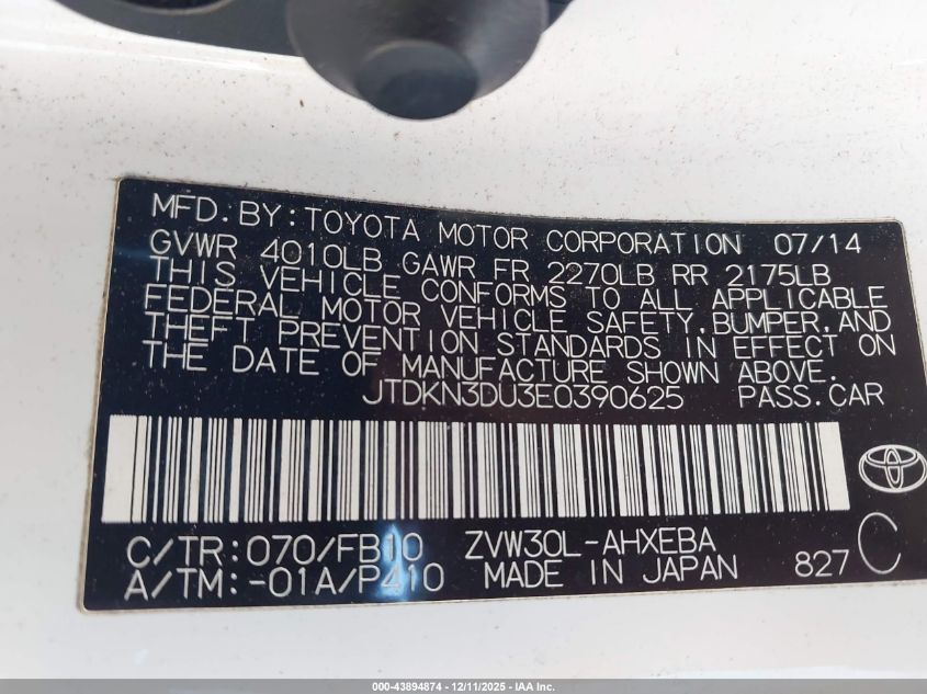 2014 Toyota Prius Two VIN: JTDKN3DU3E0390625 Lot: 43894874