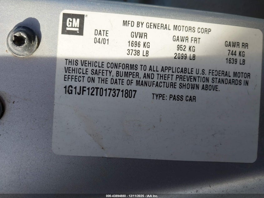 2001 Chevrolet Cavalier Z24 VIN: 1G1JF12T017371807 Lot: 43894880