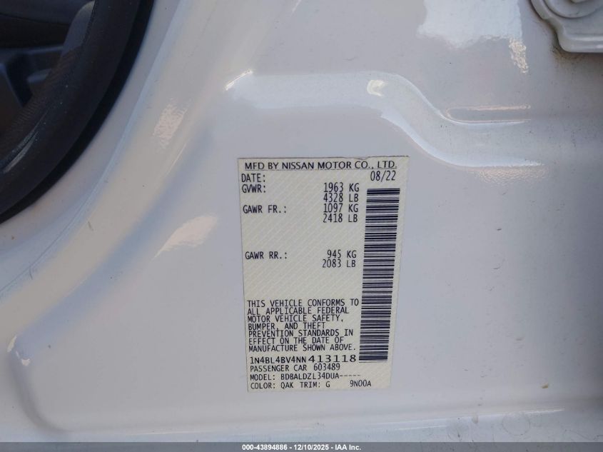 2022 Nissan Altima S Fwd VIN: 1N4BL4BV4NN413118 Lot: 43894886