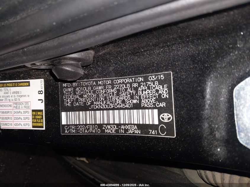 2015 Toyota Prius Two VIN: JTDKN3DU3F0445401 Lot: 43894899