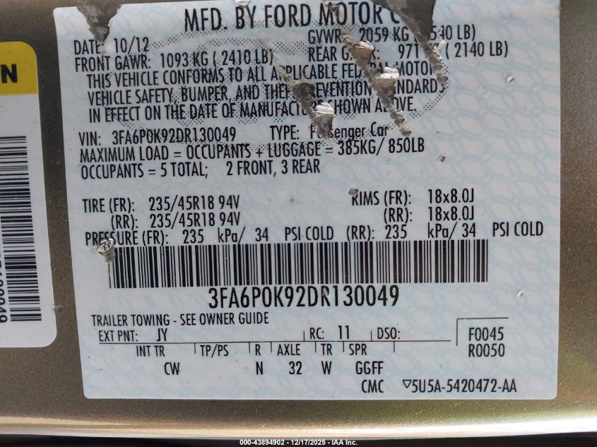 2013 Ford Fusion Titanium VIN: 3FA6P0K92DR130049 Lot: 43894902