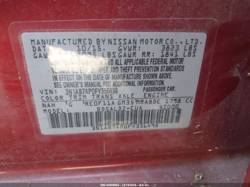 2015 Nissan Sentra Sv VIN: 3N1AB7AP0FY356498 Lot: 43894903