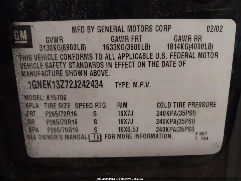 2002 Chevrolet Tahoe Lt VIN: 1GNEK13Z72J242434 Lot: 43894914