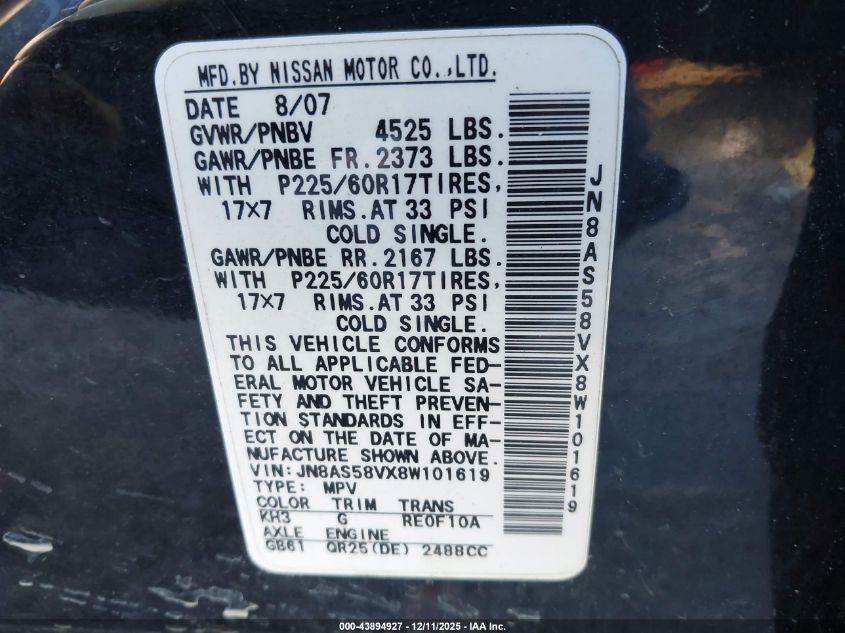 2008 Nissan Rogue Sl VIN: JN8AS58VX8W101619 Lot: 43894927