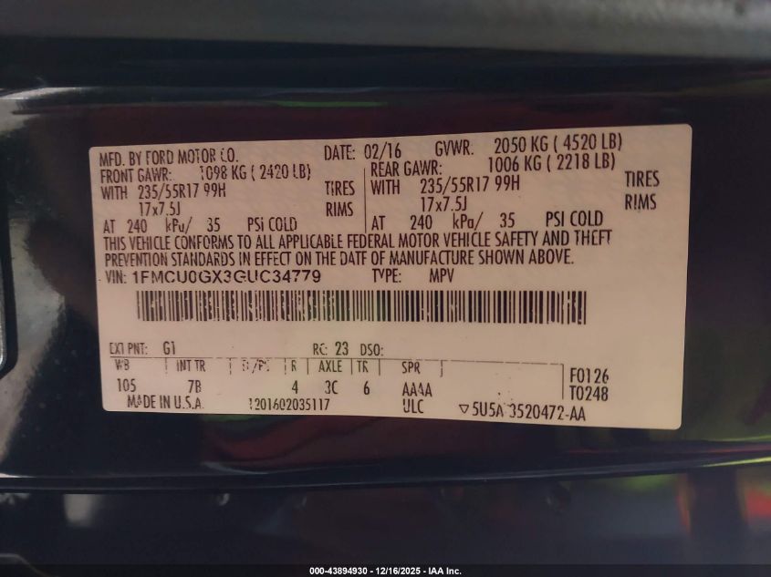 2016 Ford Escape Se VIN: 1FMCU0GX3GUC34779 Lot: 43894930