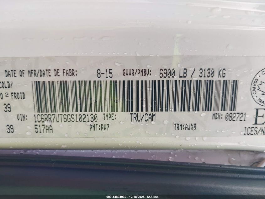 2016 Ram 1500 Sport VIN: 1C6RR7UT6GS102130 Lot: 43894932