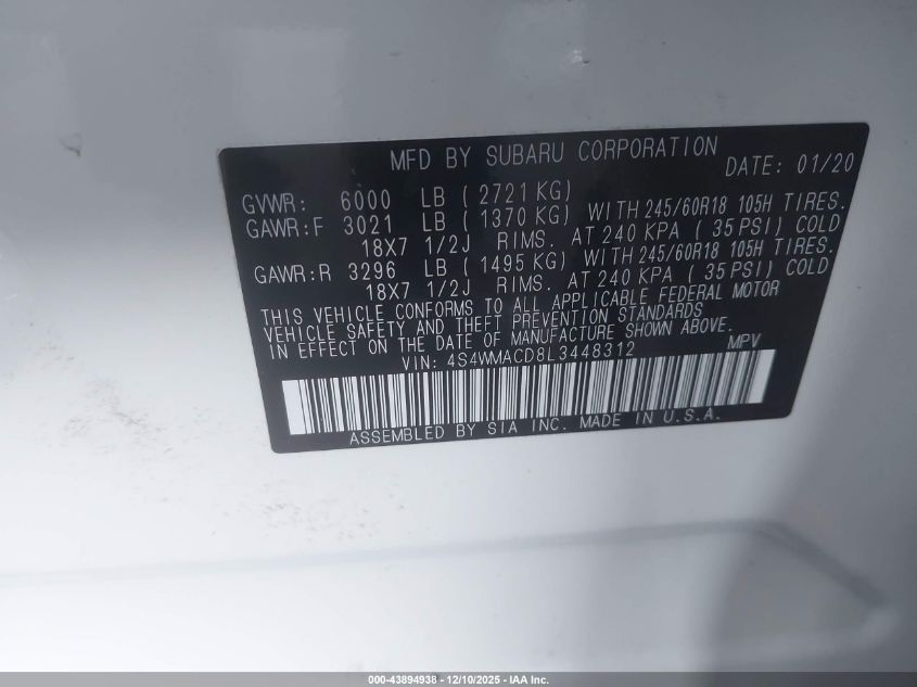 2020 Subaru Ascent Premium VIN: 4S4WMACD8L3448312 Lot: 43894938