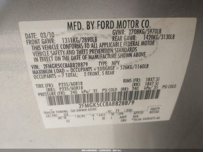 2010 Ford Flex Sel VIN: 2FMGK5CC8ABB28879 Lot: 43894946