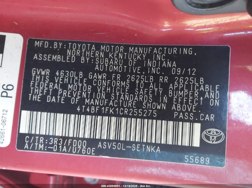 2012 Toyota Camry Le VIN: 4T4BF1FK1CR255275 Lot: 43894951