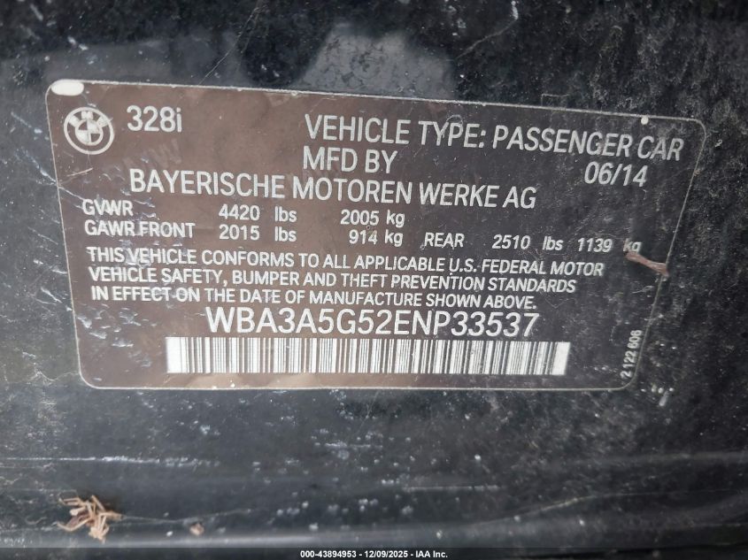 2014 BMW 328I VIN: WBA3A5G52ENP33537 Lot: 43894953