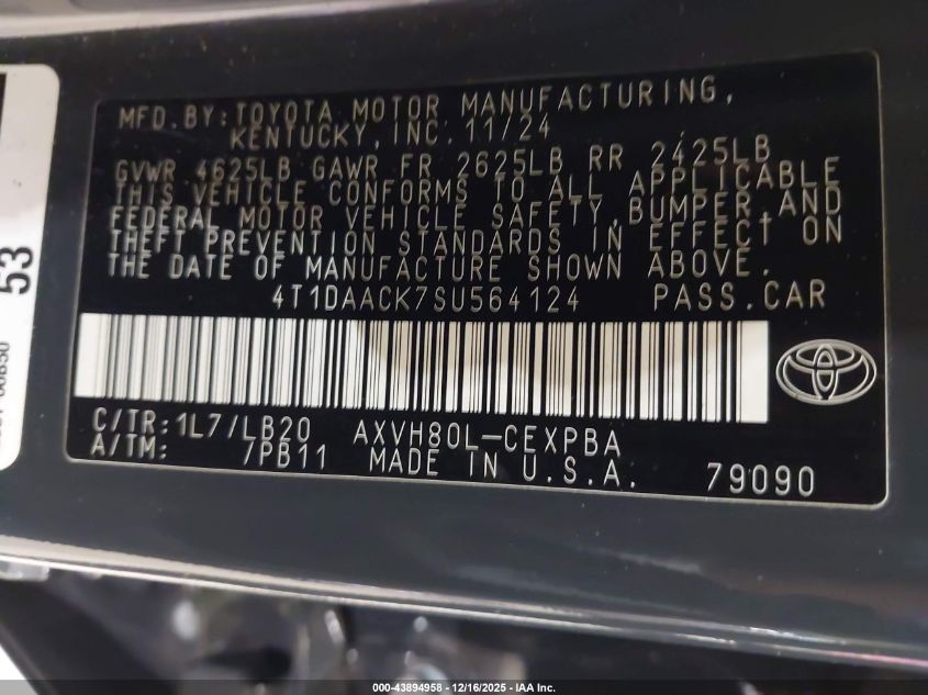 2025 Toyota Camry Xse VIN: 4T1DAACK7SU564124 Lot: 43894958