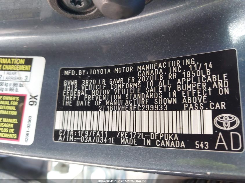 2015 Toyota Corolla L VIN: 2T1BURHE8FC299933 Lot: 43894961