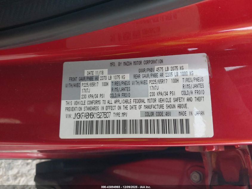 2019 Mazda Cx-5 Sport VIN: JM3KFABM6K1527607 Lot: 43894965