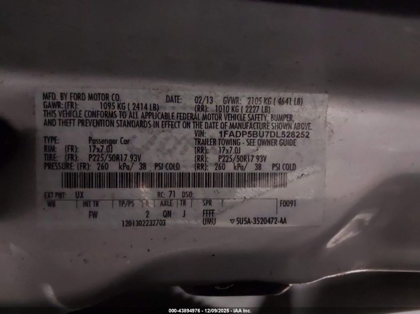 2013 Ford C-Max Hybrid Sel VIN: 1FADP5BU7DL528252 Lot: 43894976