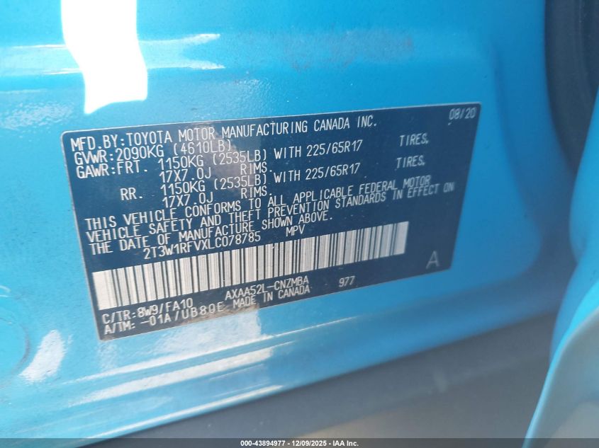 2020 Toyota Rav4 Xle VIN: 2T3W1RFVXLC078785 Lot: 43894977