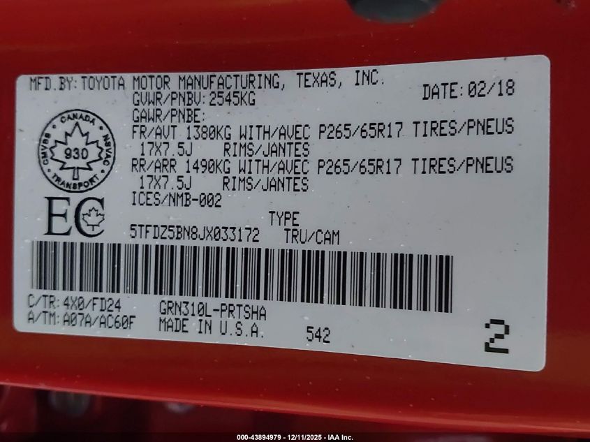 2018 Toyota Tacoma Sr5 VIN: 5TFDZ5BN8JX033172 Lot: 43894979