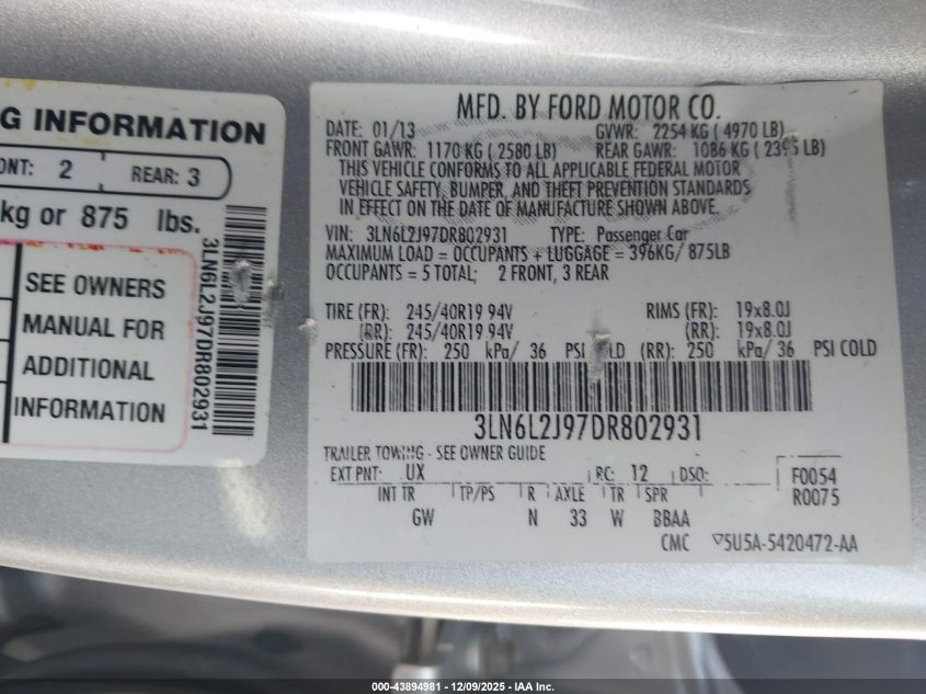 2013 Lincoln Mkz VIN: 3LN6L2J97DR802931 Lot: 43894981