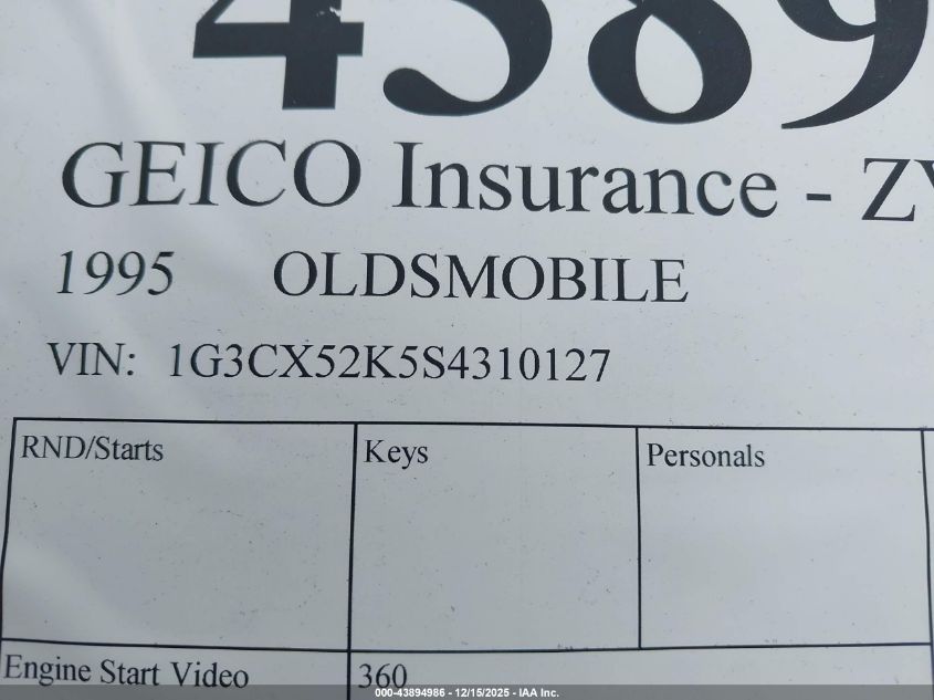 1995 Oldsmobile 98 Regency Elite VIN: 1G3CX52K5S4310127 Lot: 43894986