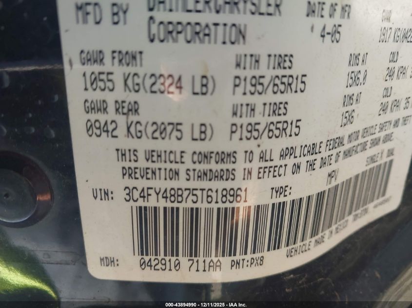 2005 Chrysler Pt Cruiser VIN: 3C4FY48B75T618961 Lot: 43894990