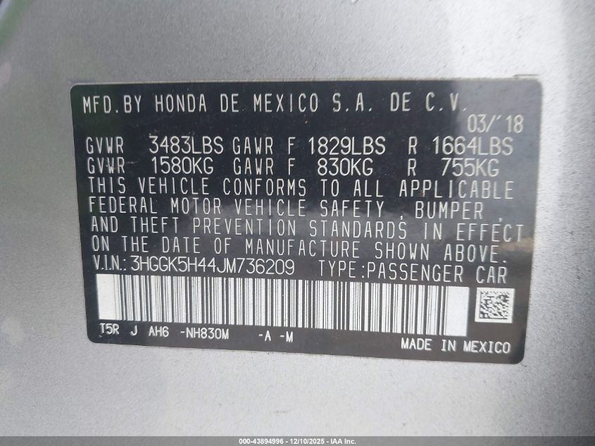 2018 Honda Fit Lx VIN: 3HGGK5H44JM736209 Lot: 43894996