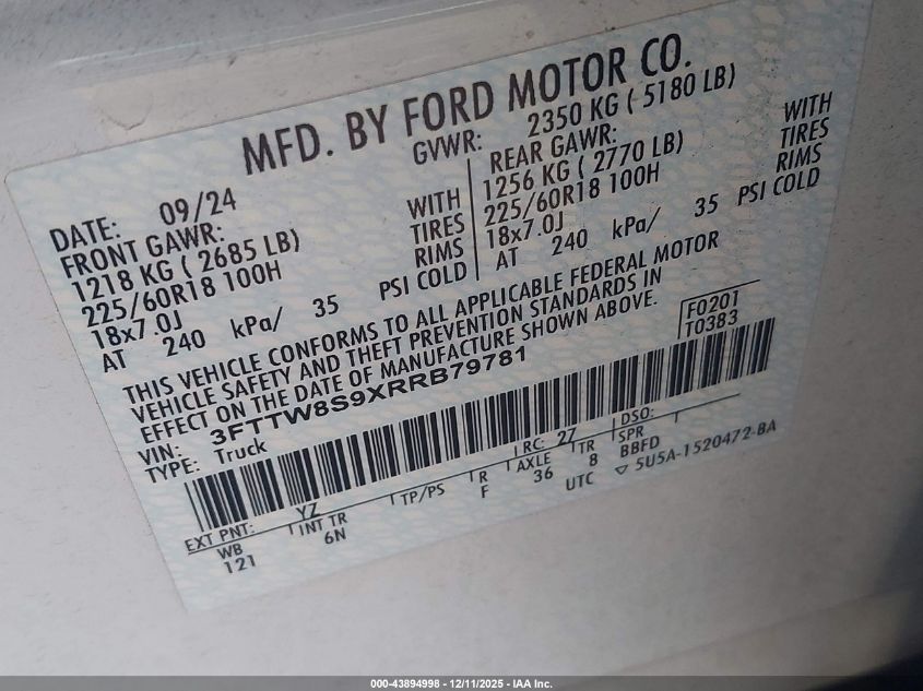 2024 Ford Maverick Lariat VIN: 3FTTW8S9XRRB79781 Lot: 43894998