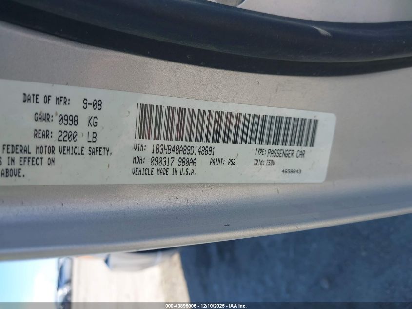 2009 Dodge Caliber Sxt VIN: 1B3HB48A89D148891 Lot: 43895006