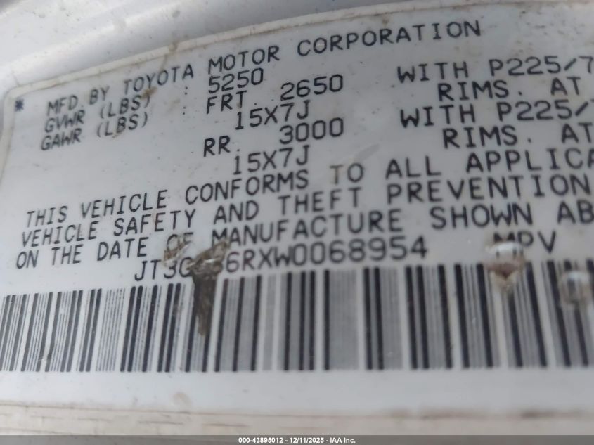 1998 Toyota 4Runner Sr5 V6 VIN: JT3GN86RXW0068954 Lot: 43895012