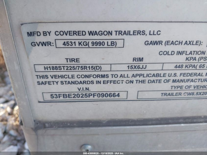 2023 Covered Wagon Traile Enclosed Trailer 20' VIN: 53FBE2025PF090664 Lot: 43895028