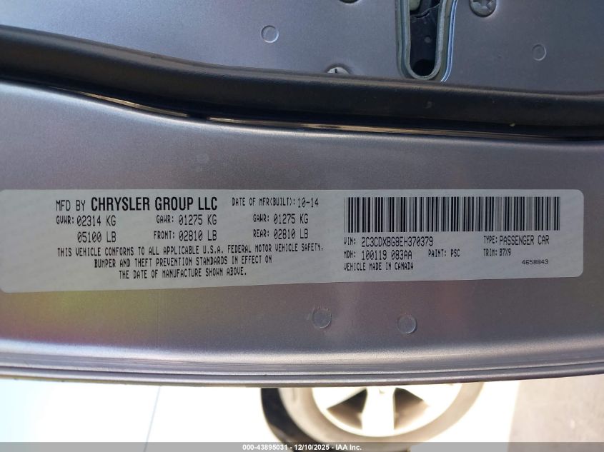 2014 Dodge Charger Se VIN: 2C3CDXBG8EH370379 Lot: 43895031
