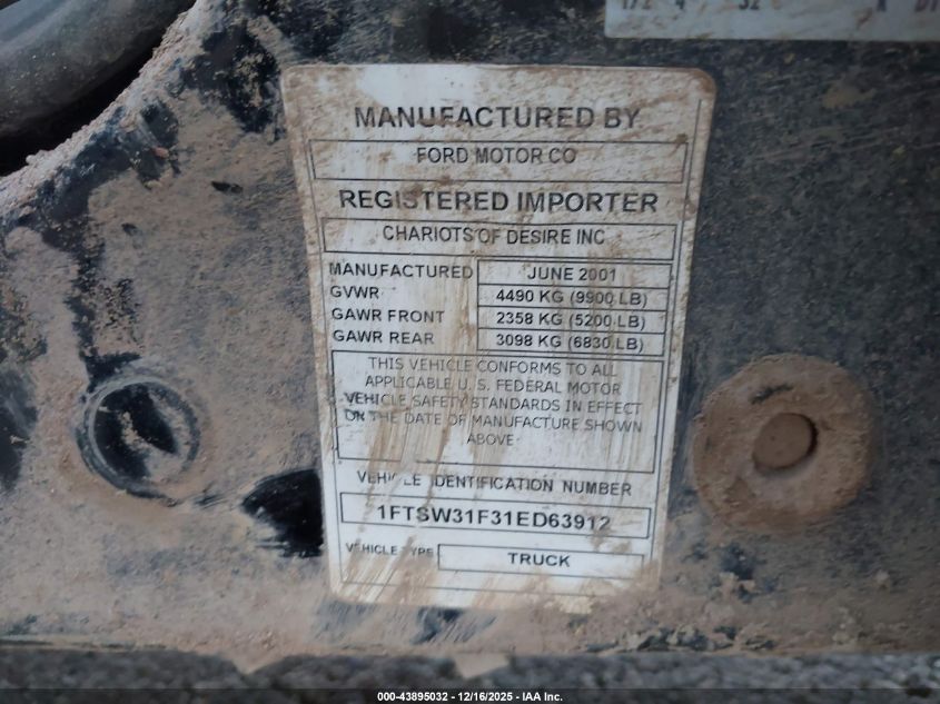 2001 Ford F-350 Lariat/Xl/Xlt VIN: 1FTSW31F31ED63912 Lot: 43895032