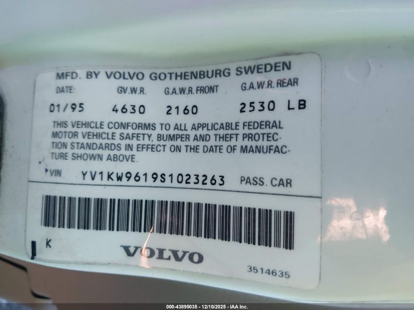 1995 Volvo 960 VIN: YV1KW9619S1023263 Lot: 43895035