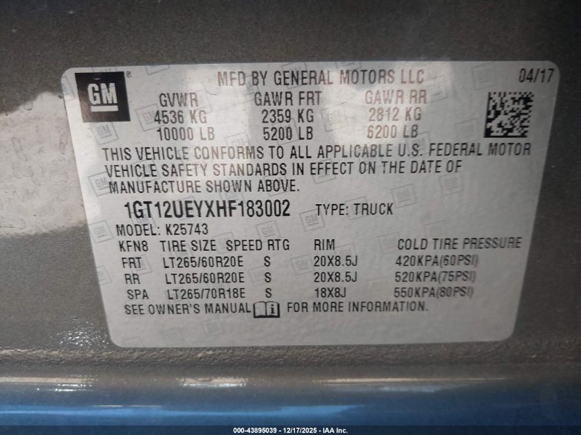 2017 GMC Sierra 2500Hd Denali VIN: 1GT12UEYXHF183002 Lot: 43895039