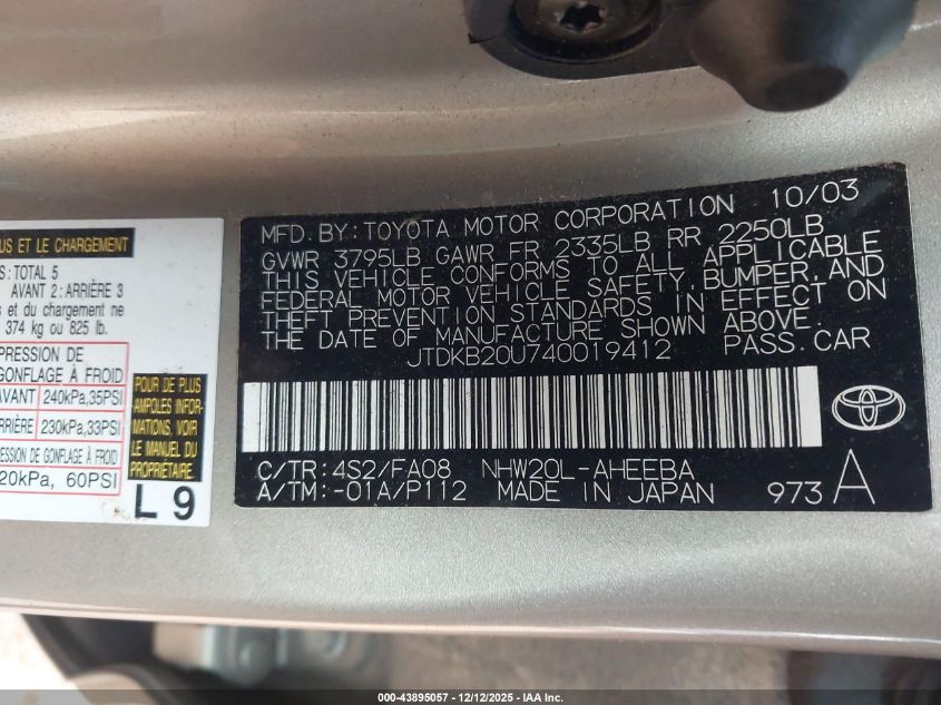 2004 Toyota Prius VIN: JTDKB20U740019412 Lot: 43895057