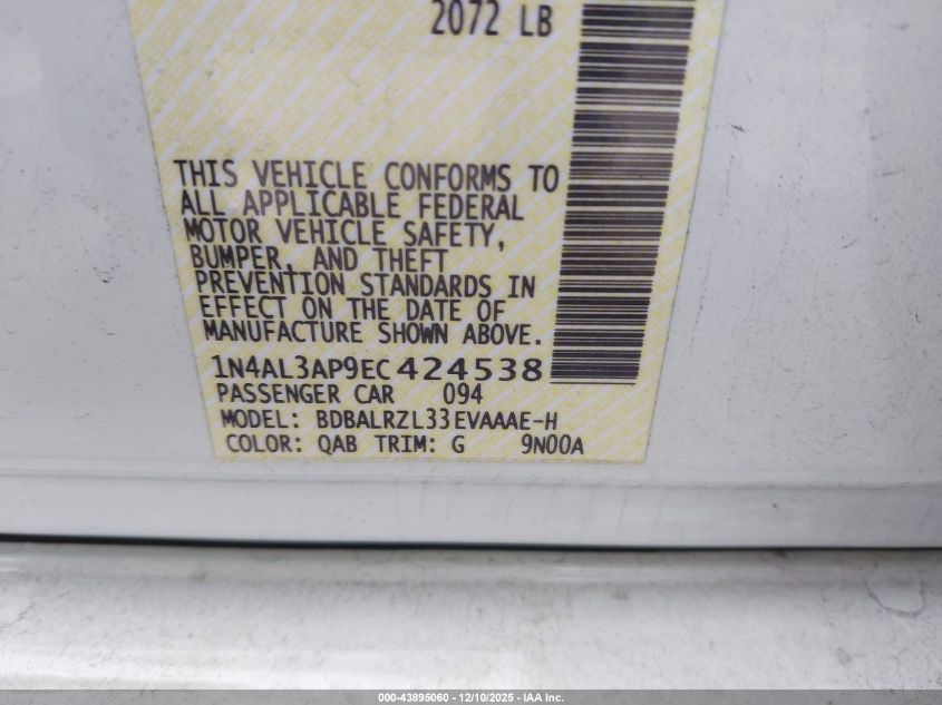 2014 Nissan Altima 2.5 S VIN: 1N4AL3AP9EC424538 Lot: 43895060