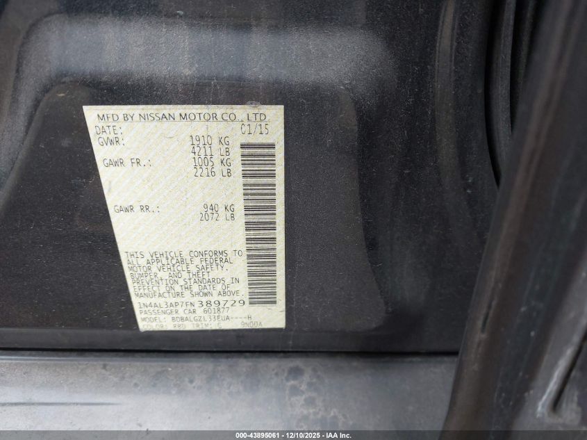 2015 Nissan Altima 2.5 S VIN: 1N4AL3AP7FN389729 Lot: 43895061