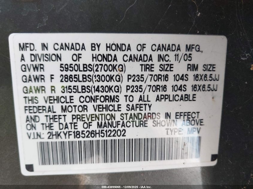 2006 Honda Pilot Ex-L VIN: 2HKYF18526H512202 Lot: 43895065