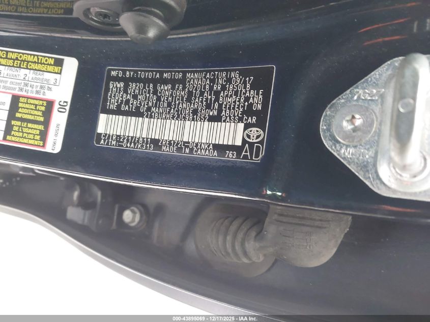 2018 Toyota Corolla Le VIN: 2T1BURHE2JC981652 Lot: 43895069