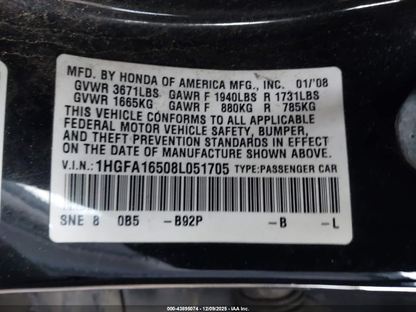 2008 Honda Civic Lx VIN: 1HGFA16508L051705 Lot: 43895074