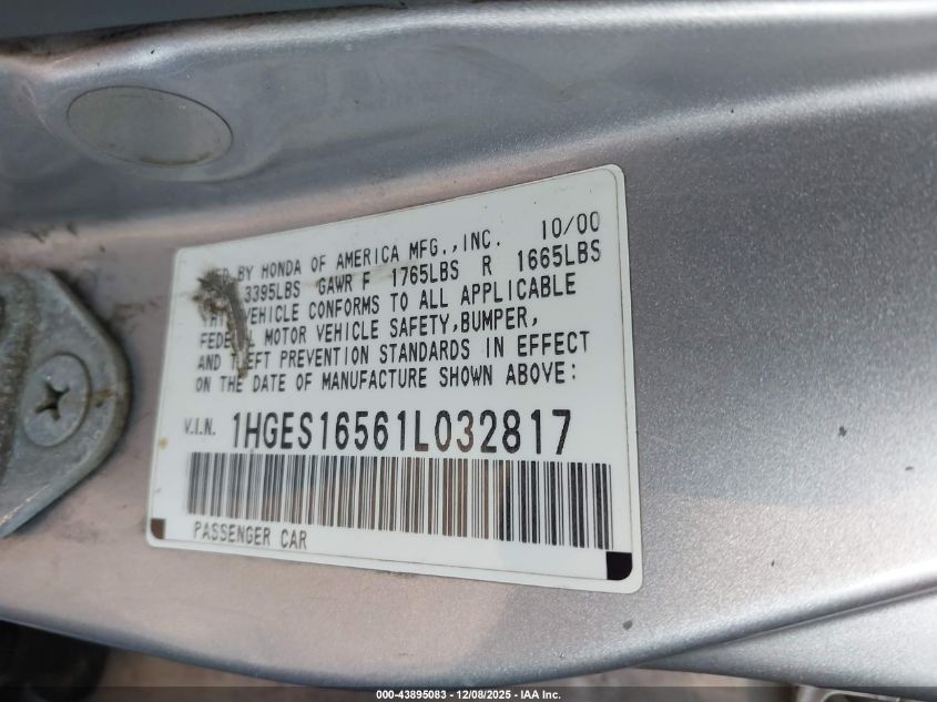 2001 Honda Civic Lx VIN: 1HGES16561L032817 Lot: 43895083