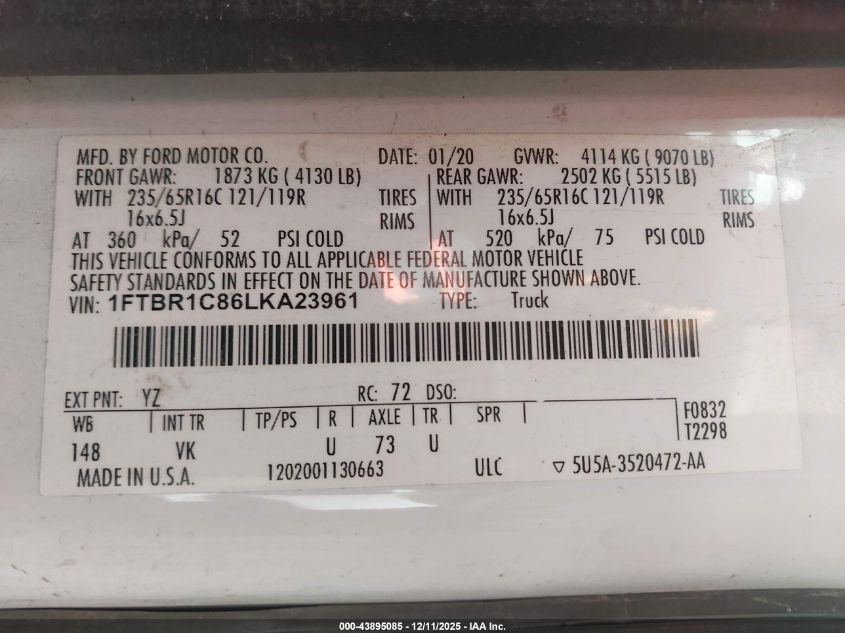 2020 Ford Transit-250 VIN: 1FTBR1C86LKA23961 Lot: 43895085