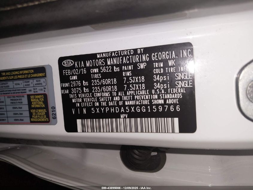 2016 Kia Sorento 3.3L Ex VIN: 5XYPHDA5XGG159766 Lot: 43895086