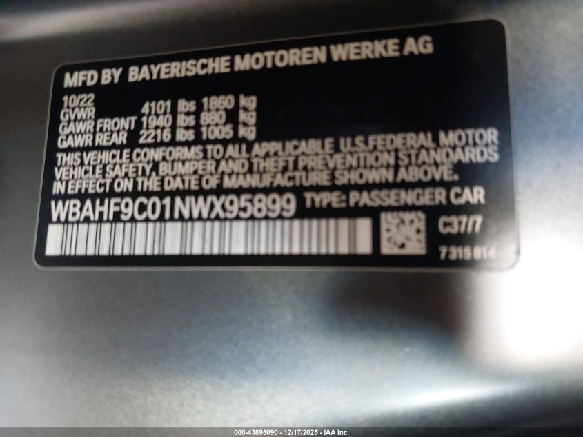 2022 BMW Z4 M40I VIN: WBAHF9C01NWX95899 Lot: 43895090