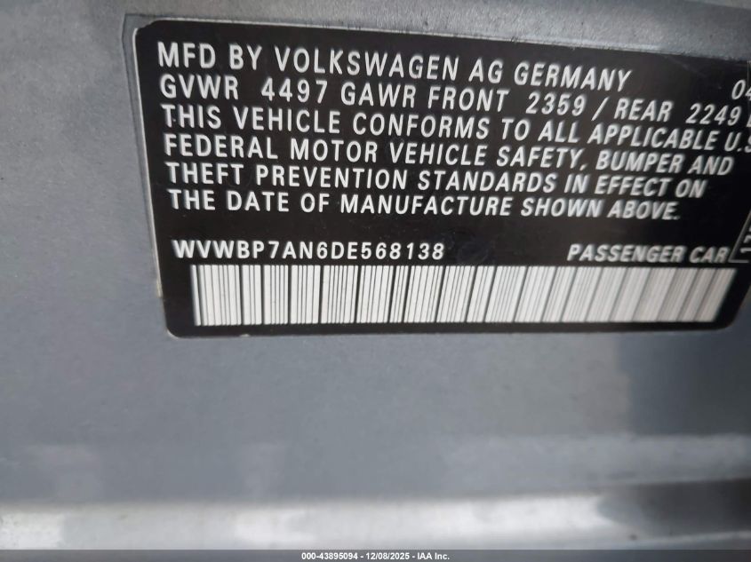 2013 Volkswagen Cc 2.0T Sport VIN: WVWBP7AN6DE568138 Lot: 43895094