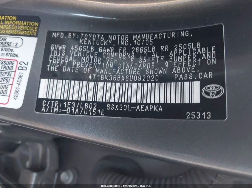 2006 Toyota Avalon Limited VIN: 4T1BK36BX6U092020 Lot: 43895096