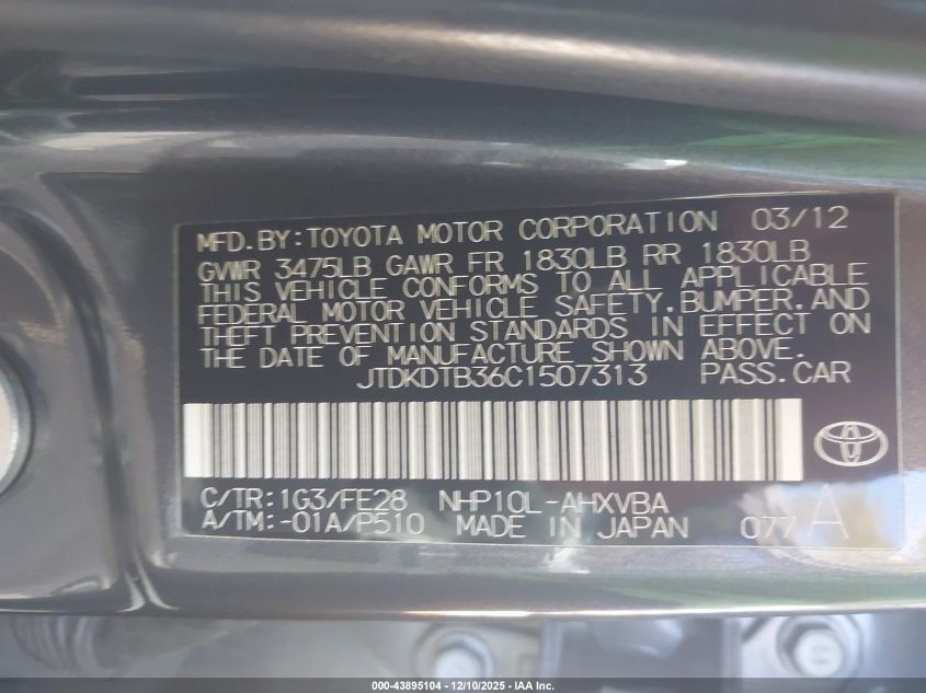 2012 Toyota Prius C One VIN: JTDKDTB36C1507313 Lot: 43895104